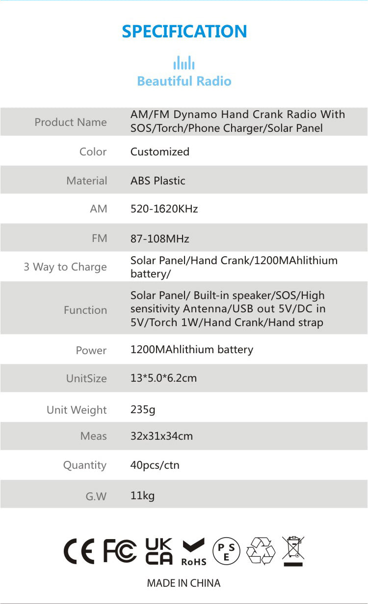 đź“» Emergency Use Crank Lighting Radio- Durable Solar Energy Crank Radio, Easy to Use Solar Radio for Camping, Mountaineering, Fishing, Hiking, Outdoor Survival