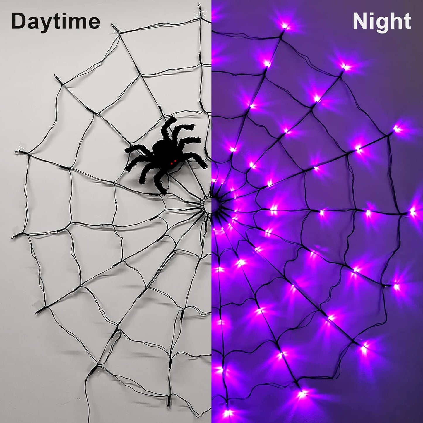 🎃 Halloween Decorations Spider Web Lights, 80LED Light Up Spider Web Battery Operated 8 Modes Purple Cobweb Lights with Timer Remote Waterproof Halloween Indoor Outdoor Window Décor