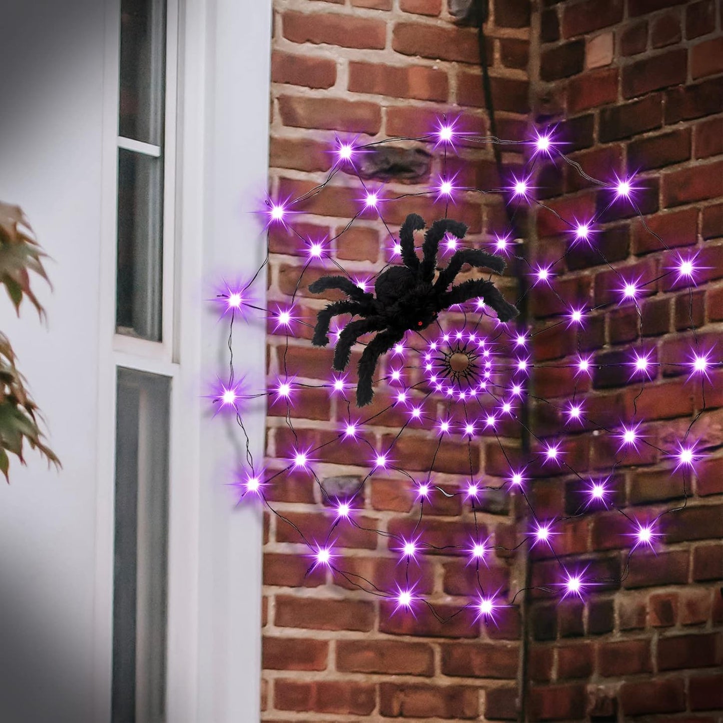 🎃 Halloween Decorations Spider Web Lights, 80LED Light Up Spider Web Battery Operated 8 Modes Purple Cobweb Lights with Timer Remote Waterproof Halloween Indoor Outdoor Window Décor
