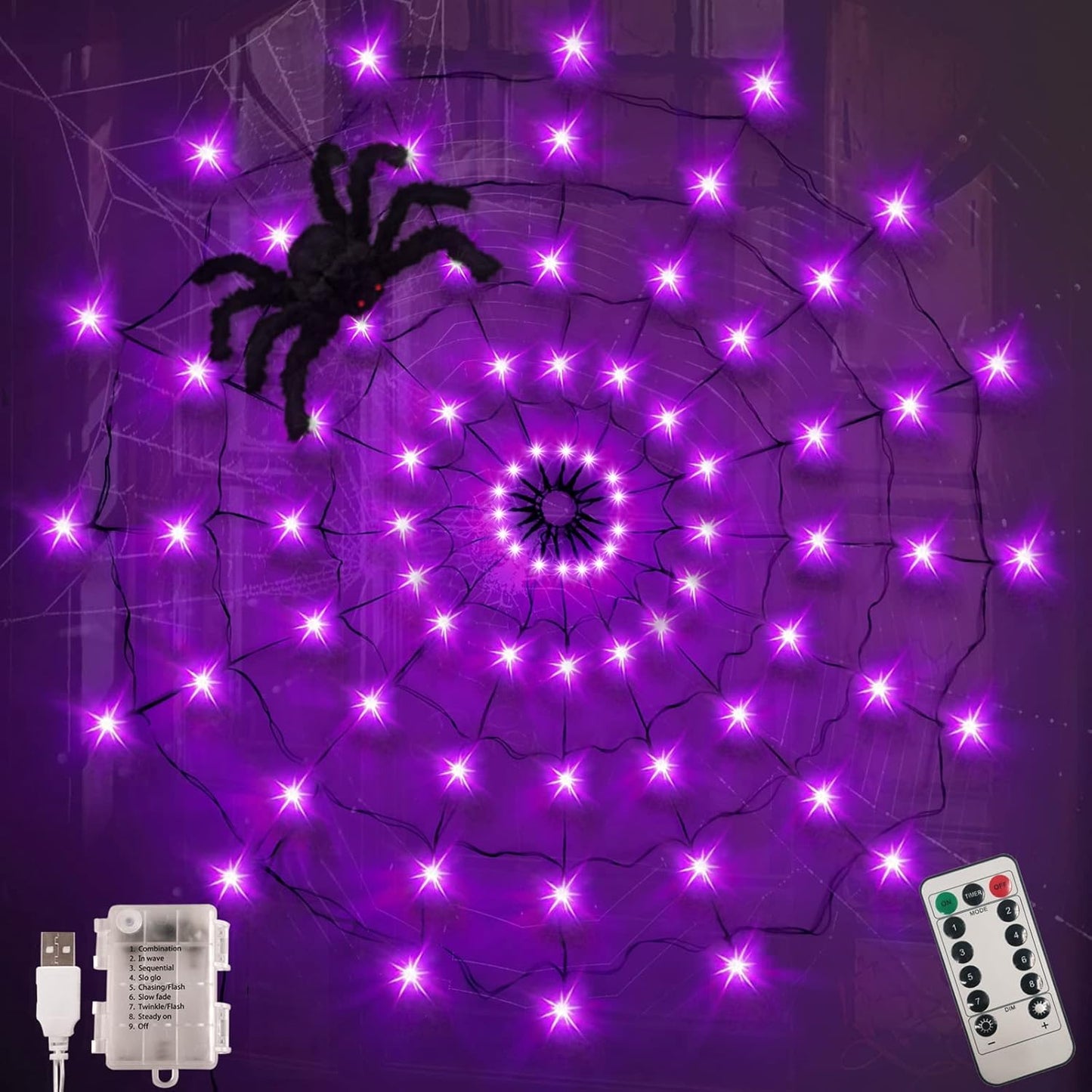 🎃 Halloween Decorations Spider Web Lights, 80LED Light Up Spider Web Battery Operated 8 Modes Purple Cobweb Lights with Timer Remote Waterproof Halloween Indoor Outdoor Window Décor