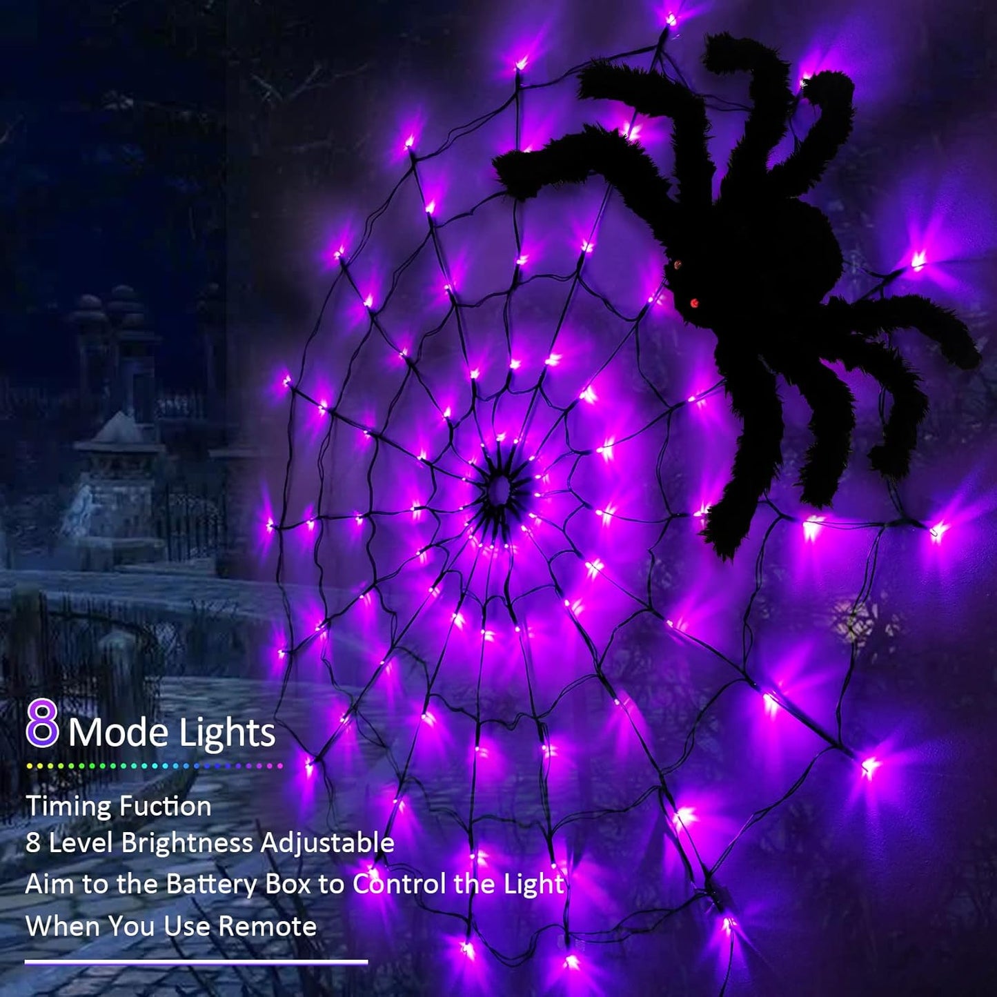 🎃 Halloween Decorations Spider Web Lights, 80LED Light Up Spider Web Battery Operated 8 Modes Purple Cobweb Lights with Timer Remote Waterproof Halloween Indoor Outdoor Window Décor