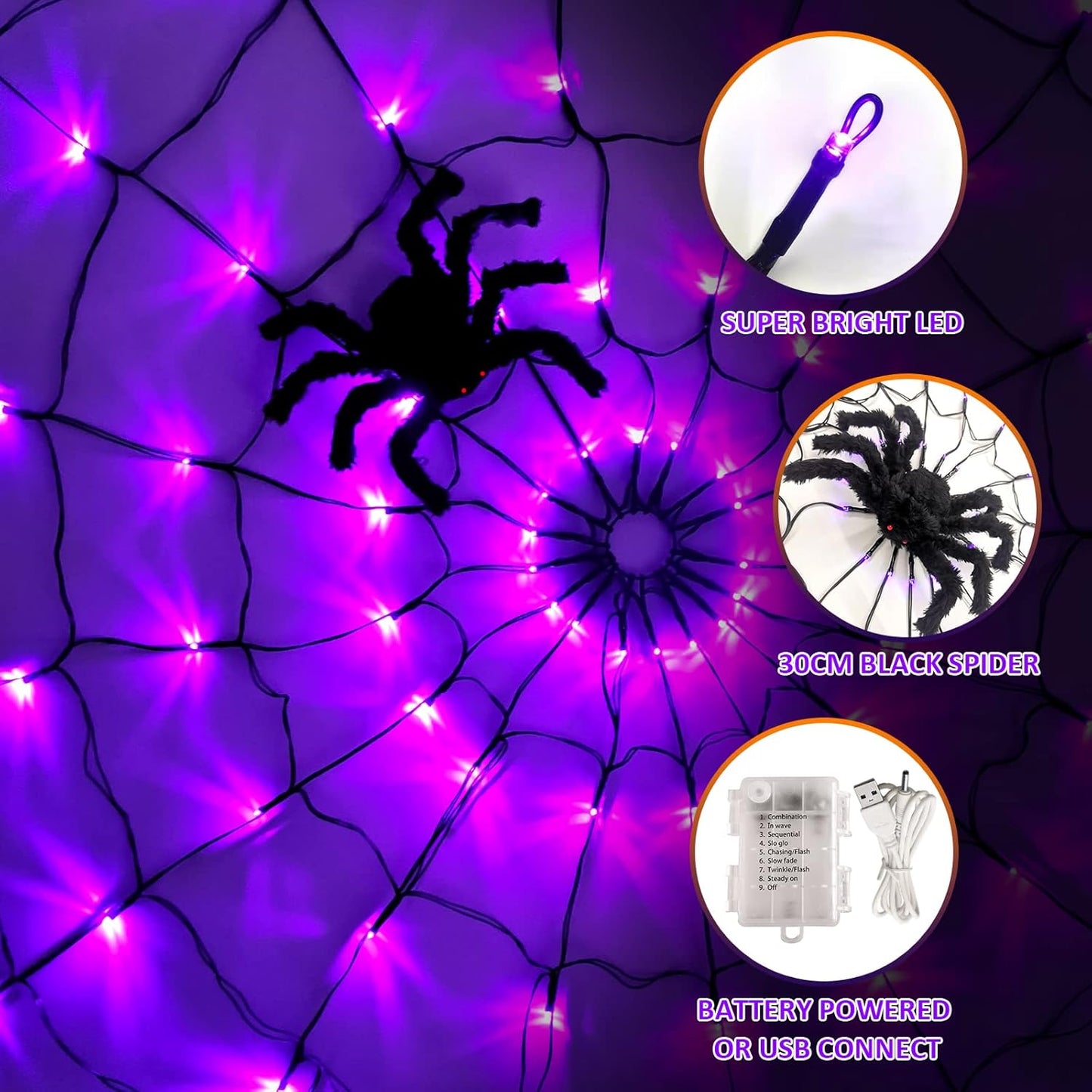 🎃 Halloween Decorations Spider Web Lights, 80LED Light Up Spider Web Battery Operated 8 Modes Purple Cobweb Lights with Timer Remote Waterproof Halloween Indoor Outdoor Window Décor