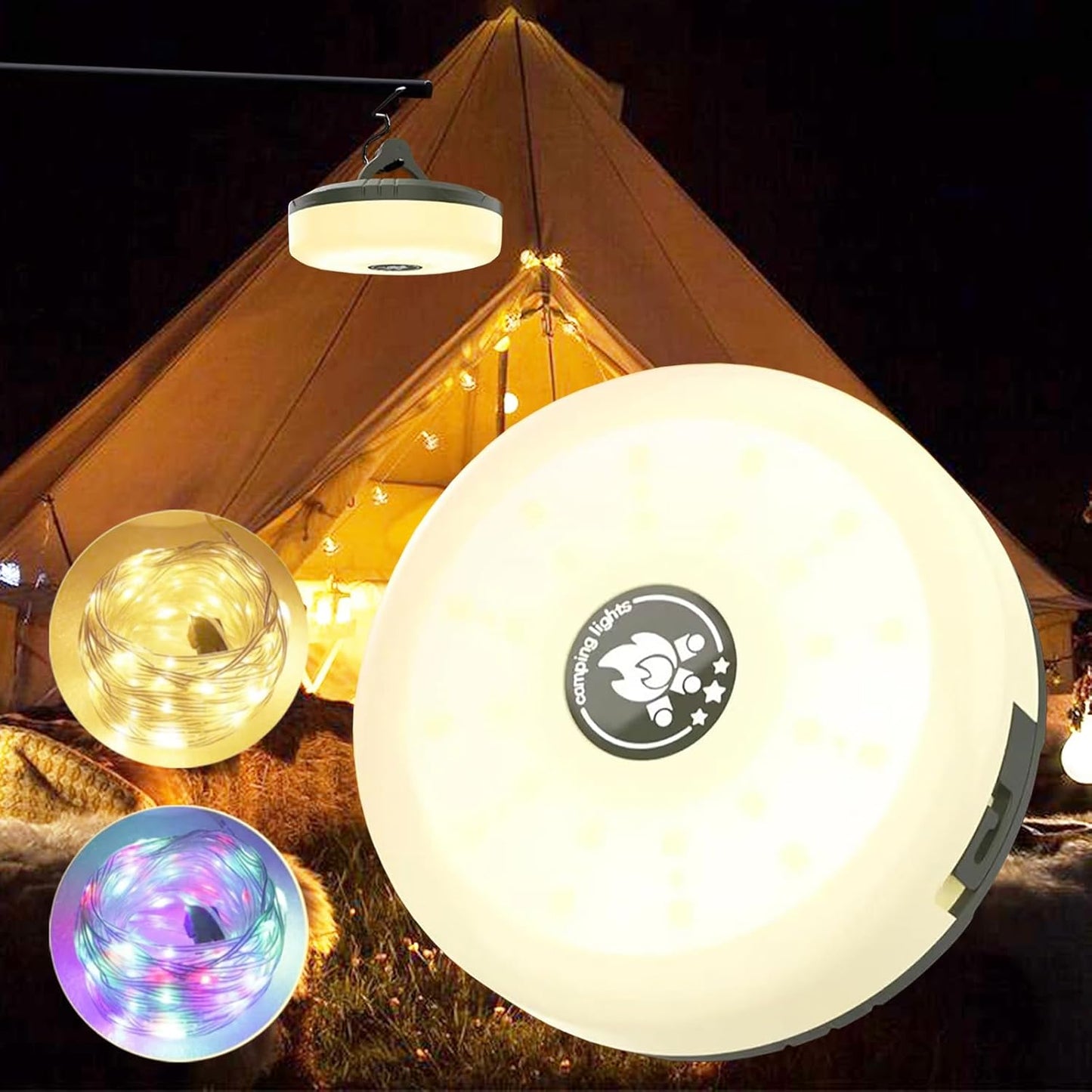 ⛺️ COZYVENT 5 Watt Hoge Helderheid Oprolbare 4-in-1 camping verlichting, draagbaar, oplaadbaar met 7 lichtstanden, waterdichte camping lamp met lange batterijduur voor kamperen, wandelen, decoratie, tuin en buiten, meerkleurig (10 m)