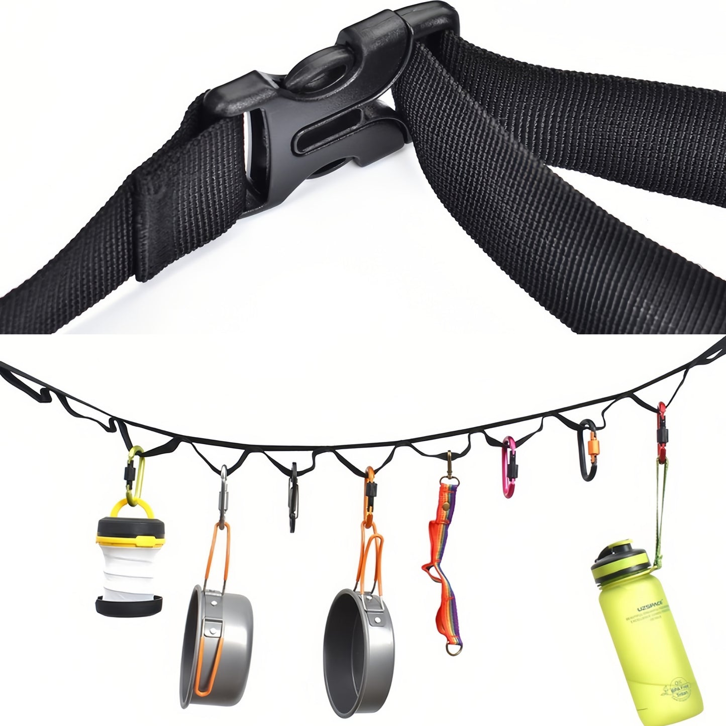 ⛺️ Camping Clothesline Lanyard High-strength Wear-resistant With Carabiner Hooks 19-Loop