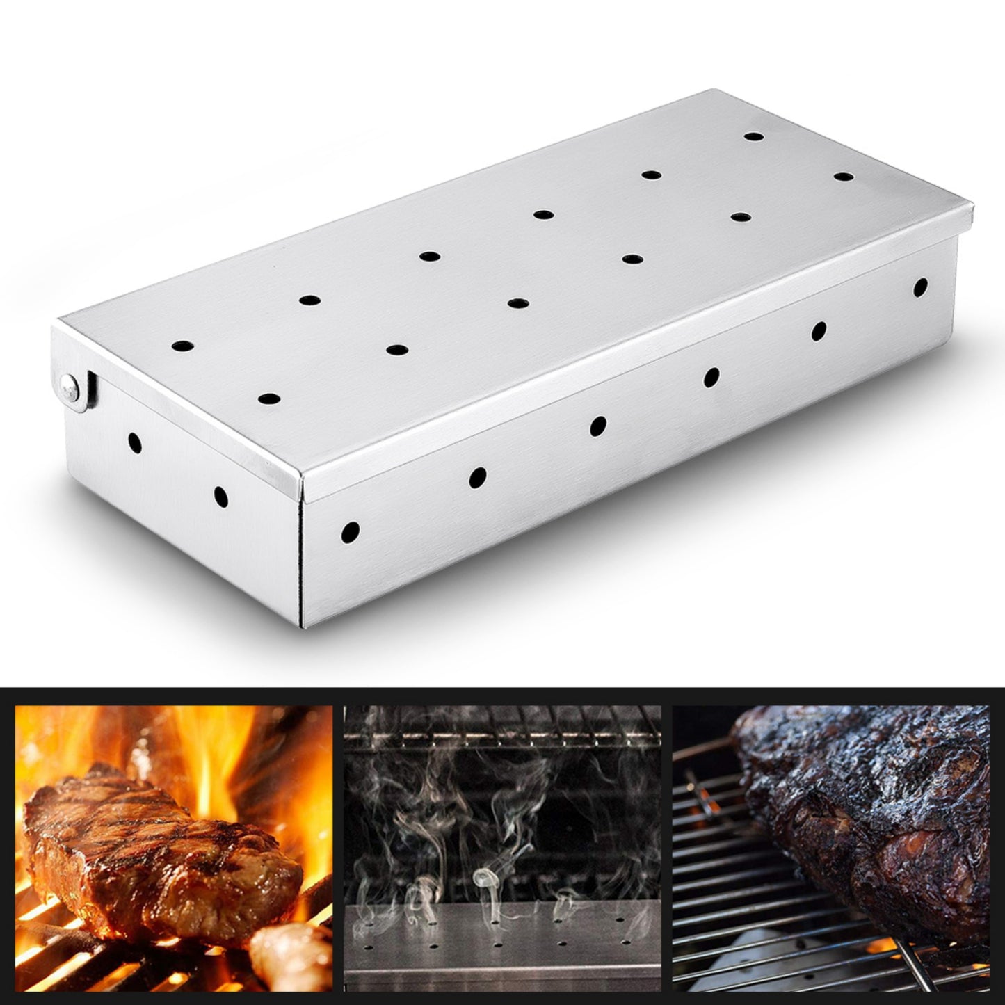 🔥 Smoker Box For Gas Grill or Charcoal Grill, Stainless Steel Smoke Box, Works with Wood Chips, Add Smoked BBQ Flavor, Hinged Lid,Warp Free Grill Accessories