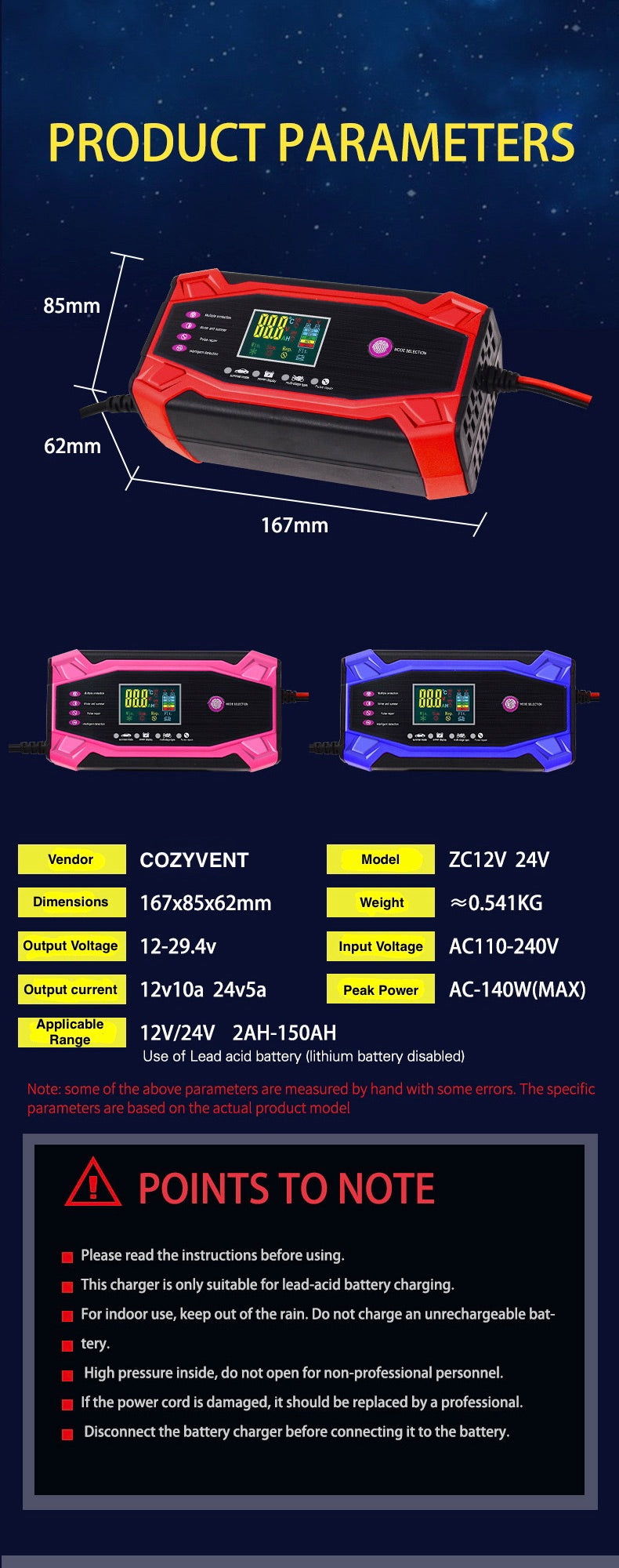🔋 COZYVENT 10A autolader voor 12V/24V accu's, intelligente druppellader met temperatuurcompensatie, volledig automatische acculader voor auto's, vrachtwagens, grasmaaiers of boten geschikt voor gewone en start-stop-accu's.