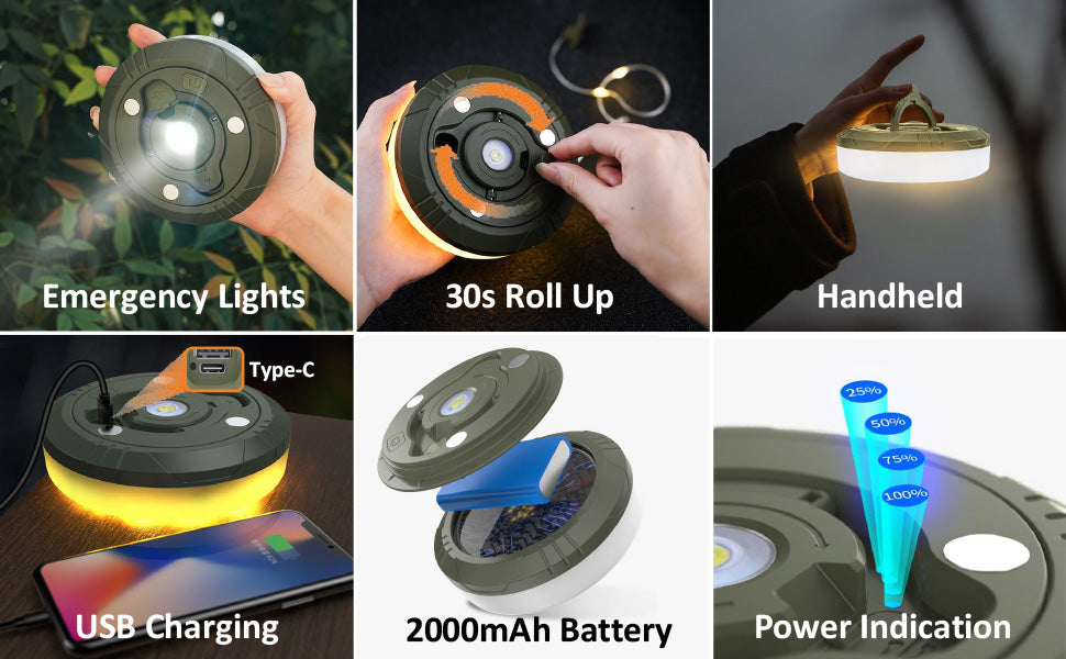 ⛺️ COZYVENT 5 Watt Hoge Helderheid Oprolbare 4-in-1 camping verlichting, draagbaar, oplaadbaar met 7 lichtstanden, waterdichte camping lamp met lange batterijduur voor kamperen, wandelen, decoratie, tuin en buiten, meerkleurig (10 m)