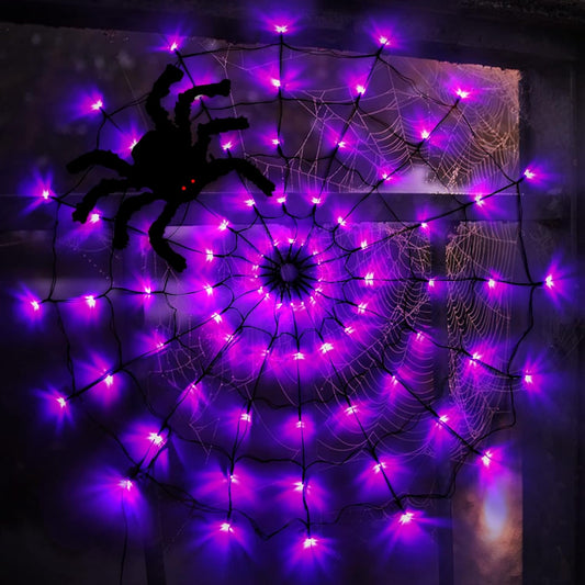 🎃 Halloween Decorations Spider Web Lights, 80LED Light Up Spider Web Battery Operated 8 Modes Purple Cobweb Lights with Timer Remote Waterproof Halloween Indoor Outdoor Window Décor