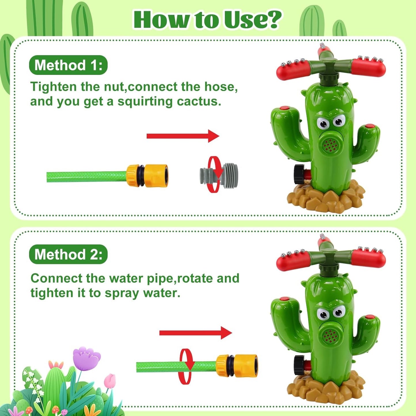 🌵 Cactus Water Spray Sprinkler for Kids, 360 Degree Backyard Rotation Cactus Kids Sprinkler Outdoor Splashing Fun Activity for Summer Easy to use Attaches to Garden Hose