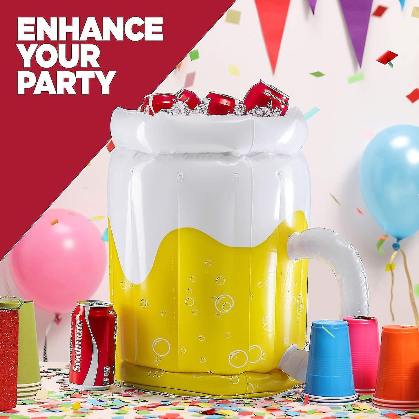 🍺 Party Drink Cooler, Inflatable Beer Mug Cooler, PVC Ice Bucket Beverage Bottle Chiller Bie for Pool Party Supplies, BBQ, Beach Parties 17.3"