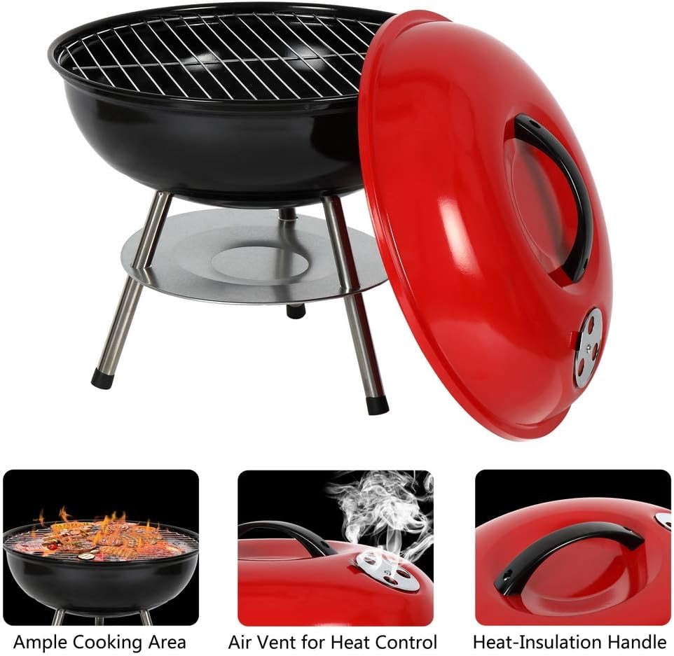 🔥 Lightweight Charcoal Grill | Apple-Shaped | with Red / Black Lid (Red lid) Easy to carry and durable  14-inch