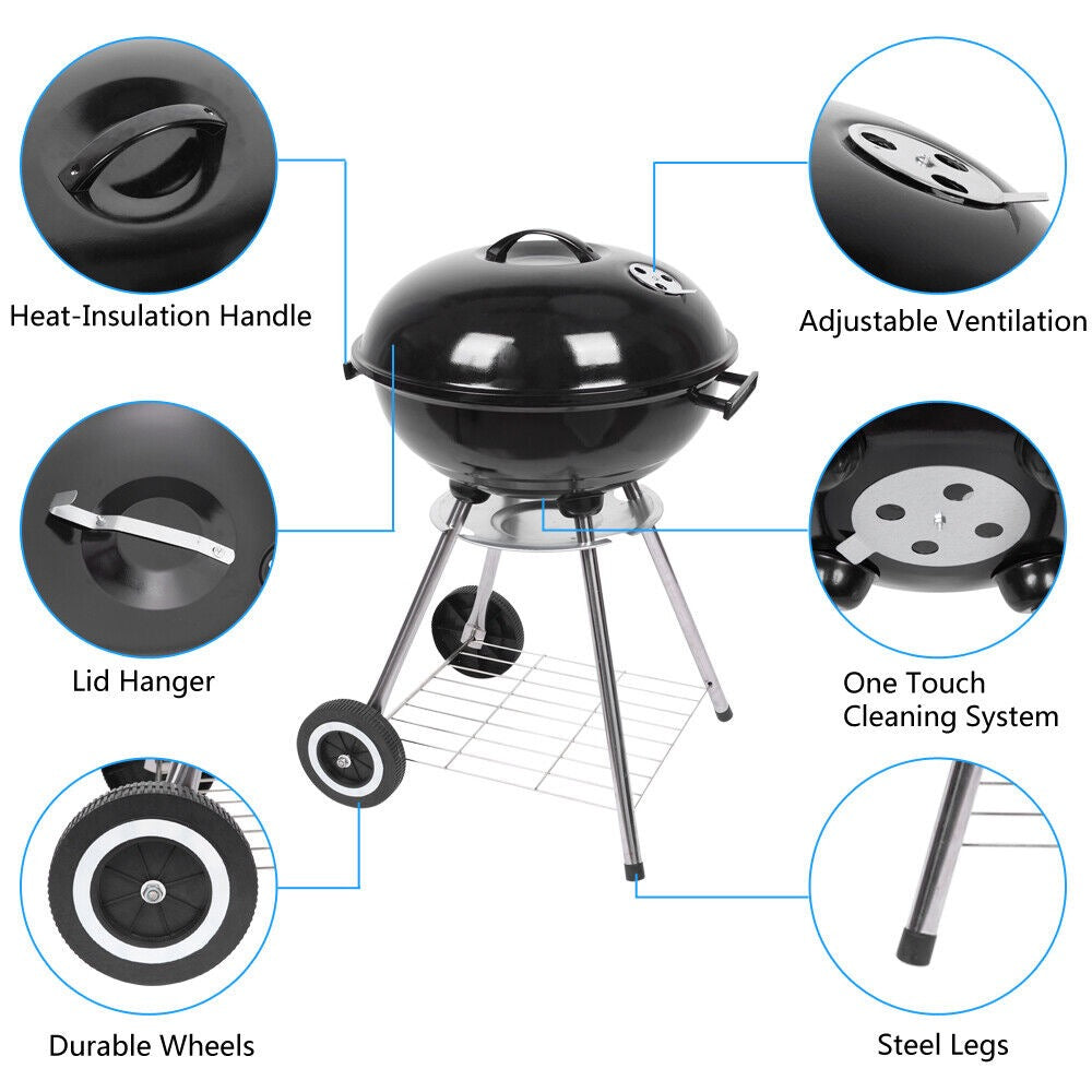 🔥 Portable Charcoal Grill Barbecue Grill Smoker Heat Stove Round BBQ Kettle with wheels 18-inch