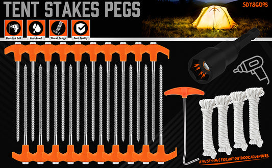 ⛺️ 26PCS Tent Stake Peg Set Tent Stakes Pegs Camping Outdoor Steel Nail 4x13FT Rope T Pull Hook